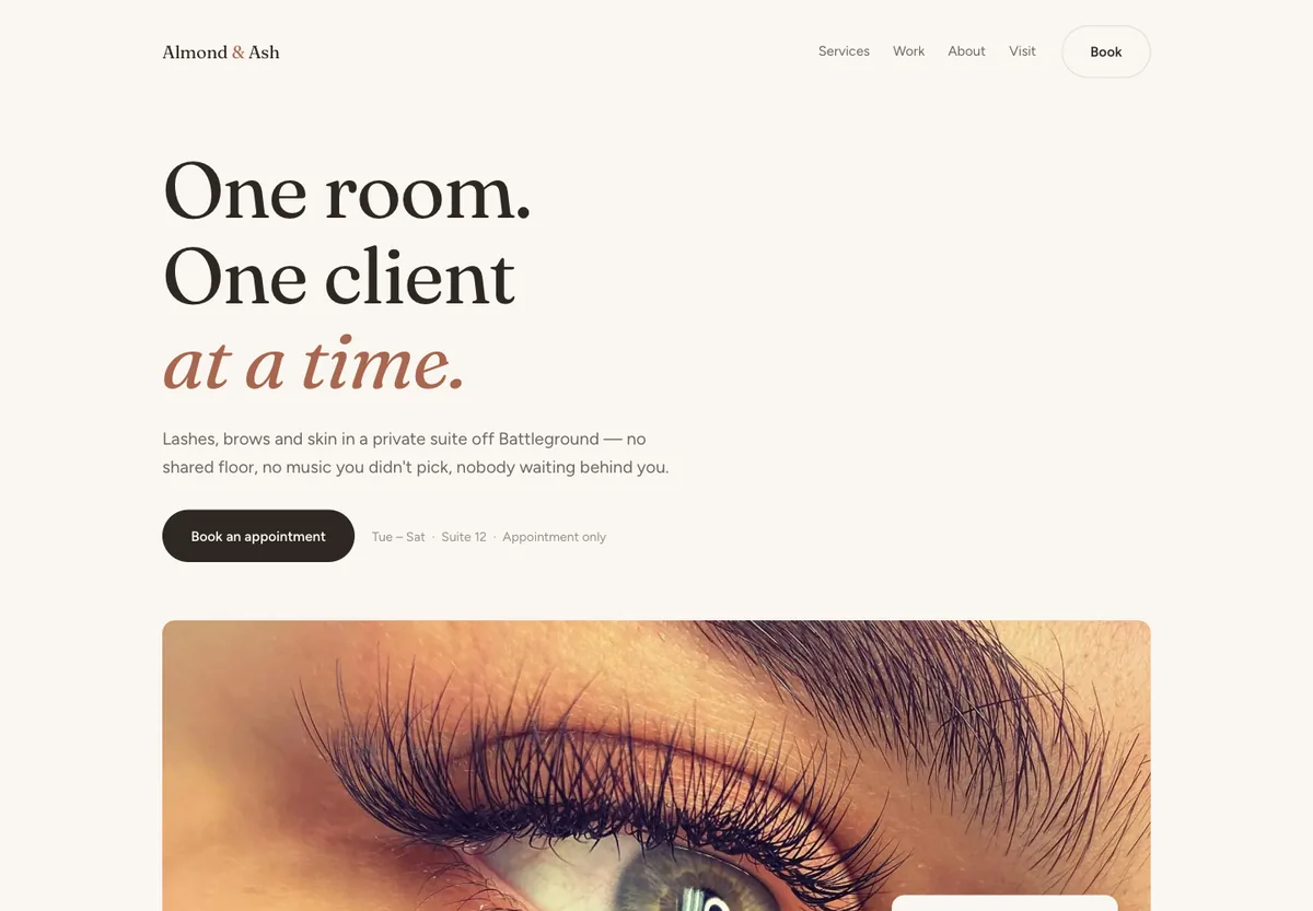 Almond & Ash studio concept — warm cream layout with a sticky booking bar