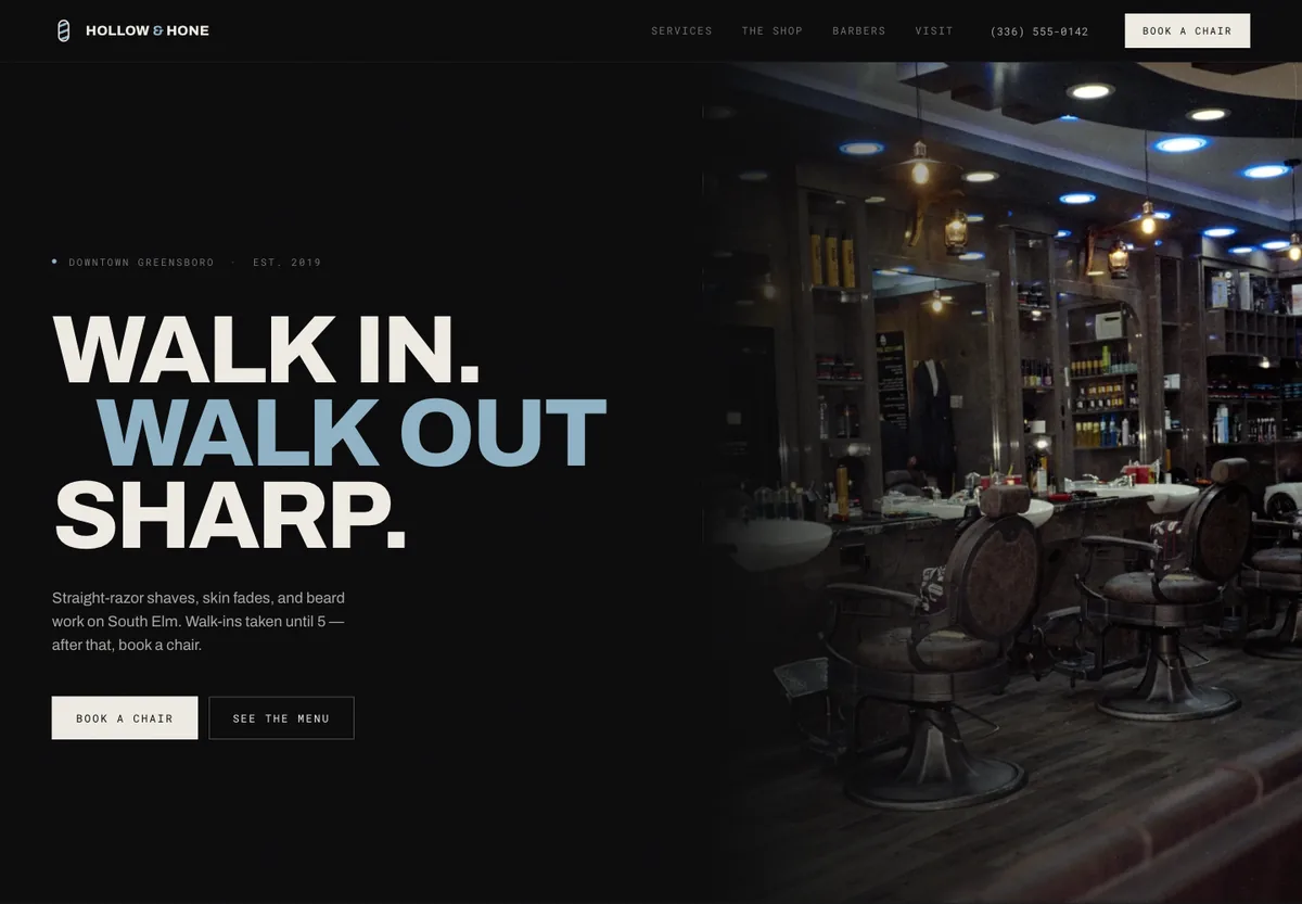 Hollow & Hone barbershop concept — dark editorial layout built around a price list