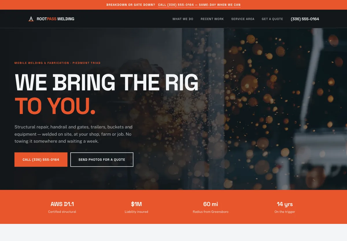 Rootpass Welding concept — charcoal and safety orange with a quote form