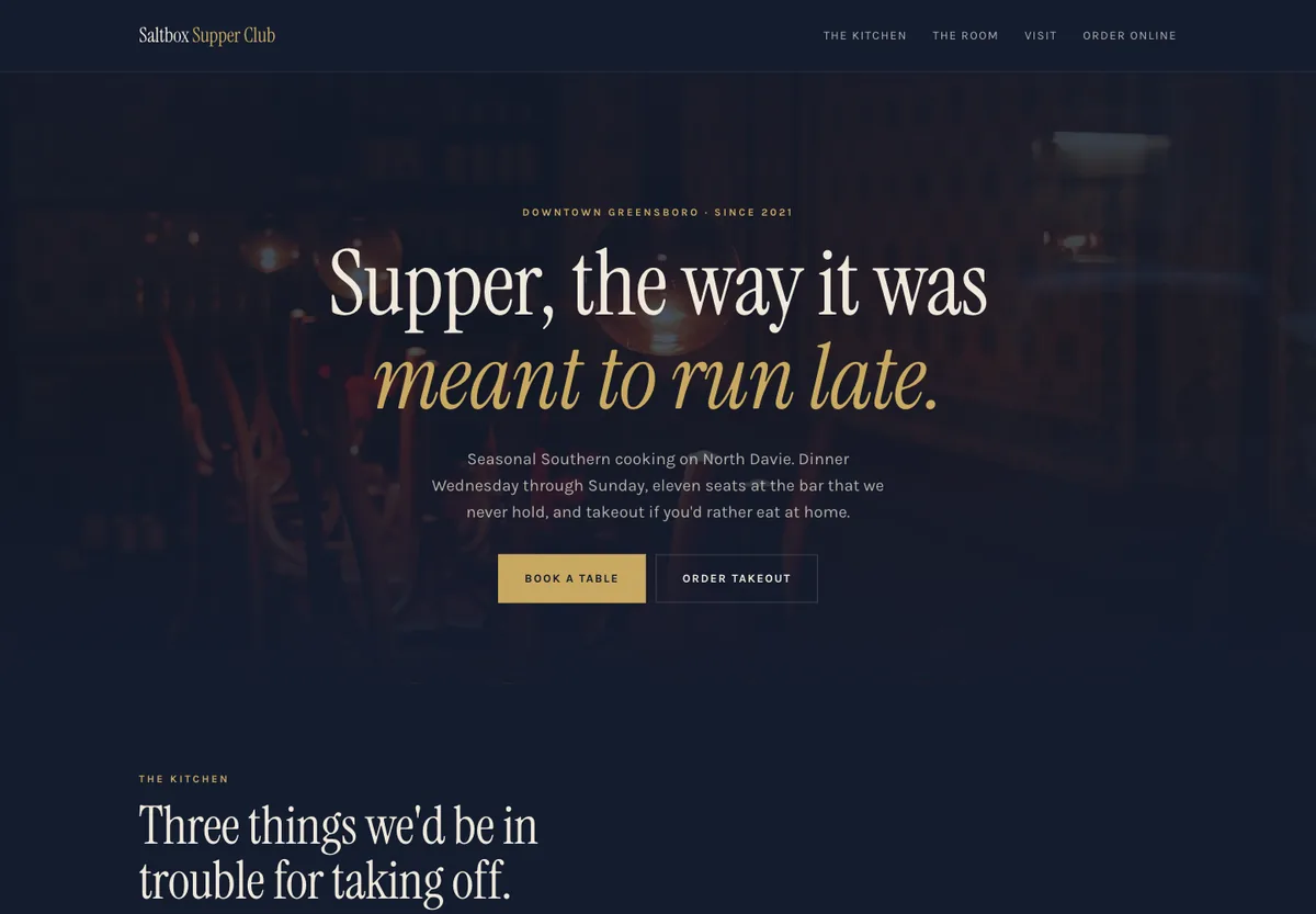 Saltbox Supper Club concept — midnight blue and brass with an ordering page