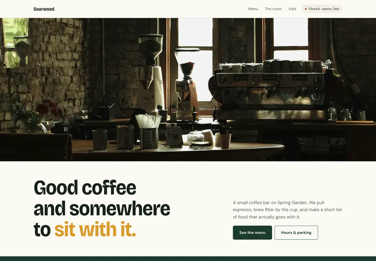Sourwood Coffee concept — photo-first layout with a live open/closed badge